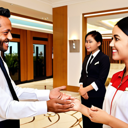 Home 15 **
* **Prompt:** Diverse hotel staff interacting warmly with international guests in a modern hotel lobby, showcasing effective communication and cultural understanding.
**