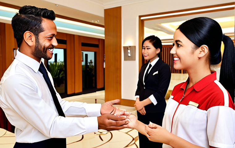 **

*   **Prompt:** Diverse hotel staff interacting warmly with international guests in a modern hotel lobby, showcasing effective communication and cultural understanding.

**