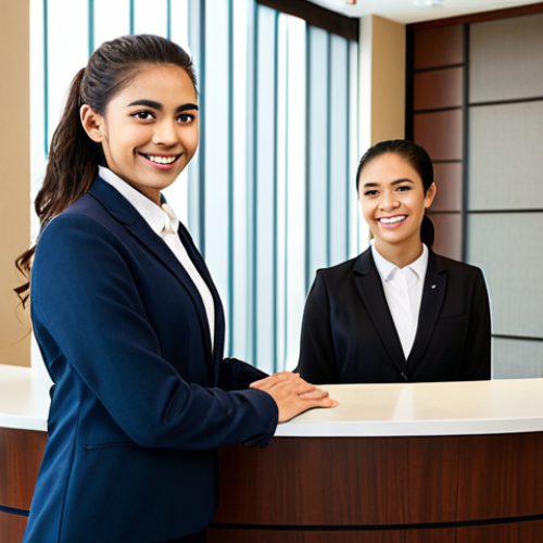Home 14 A professional young adult hospitality student, fully clothed in a crisp, modest business suit, standing confidently behind a clean, well-organized hotel reception desk. They are engaged in active, empathetic listening, maintaining warm eye contact and displaying a genuine, welcoming smile. Their posture is open and natural, with well-formed hands resting gently on the desk, showcasing proper finger count. The setting is a modern, brightly lit hotel lobby, reflecting a high-quality, professional environment. This image embodies perfect anatomy, correct proportions, and a natural pose. safe for work, appropriate content, professional dress, family-friendly.