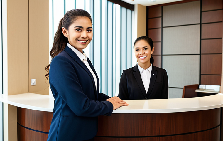 A professional young adult hospitality student, fully clothed in a crisp, modest business suit, standing confidently behind a clean, well-organized hotel reception desk. They are engaged in active, empathetic listening, maintaining warm eye contact and displaying a genuine, welcoming smile. Their posture is open and natural, with well-formed hands resting gently on the desk, showcasing proper finger count. The setting is a modern, brightly lit hotel lobby, reflecting a high-quality, professional environment. This image embodies perfect anatomy, correct proportions, and a natural pose. safe for work, appropriate content, professional dress, family-friendly.