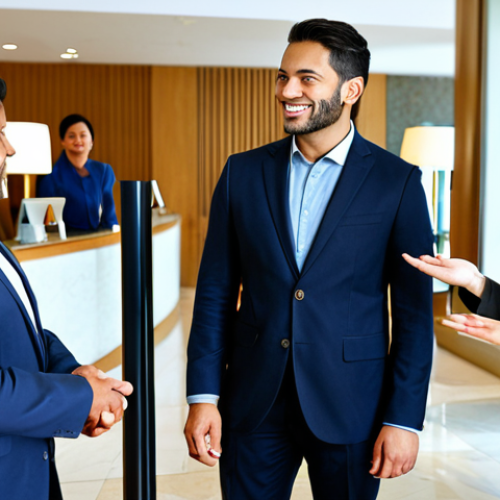 Home 7 Modern Hotel Leader**
"A fully clothed, professional hotel manager in a modest business suit, standing in a modern hotel lobby, interacting with staff and a diverse group of guests. The scene exudes a welcoming and efficient atmosphere, with visible technological integrations like self-check-in kiosks. Safe for work, appropriate content, perfect anatomy, correct proportions, well-formed hands, natural body proportions, family-friendly."
**