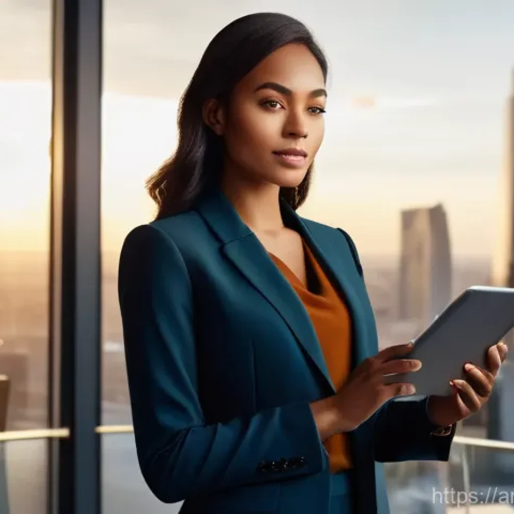 호텔관리사 연봉 협상 팁 - A confident, young female executive, dressed in a stylish and modest business suit (blazer and trous...