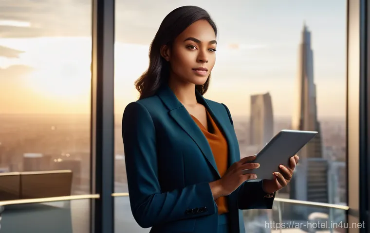 호텔관리사 연봉 협상 팁 - A confident, young female executive, dressed in a stylish and modest business suit (blazer and trous...