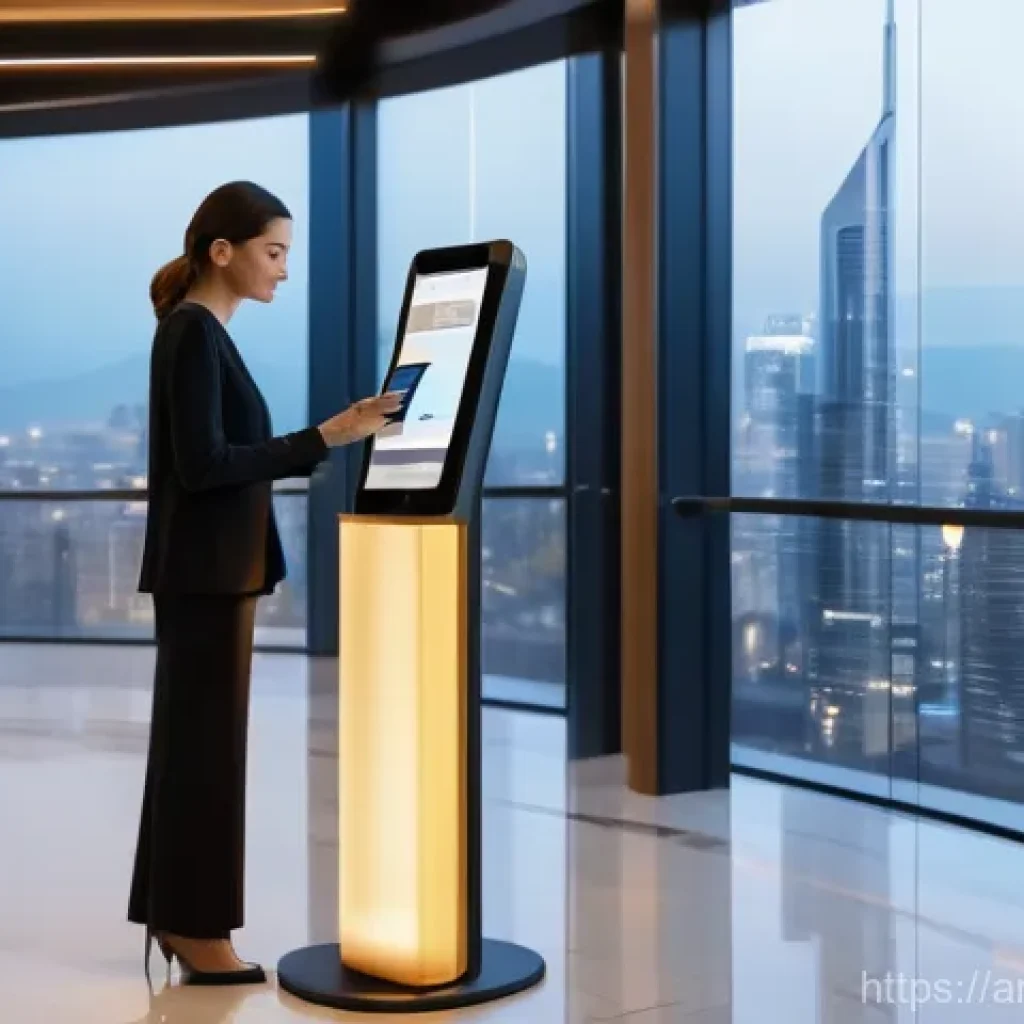 호텔 실무와 관련된 주요 기술 트렌드 - A contemporary hotel lobby with a welcoming, high-tech self-check-in kiosk. A stylish female guest, ...