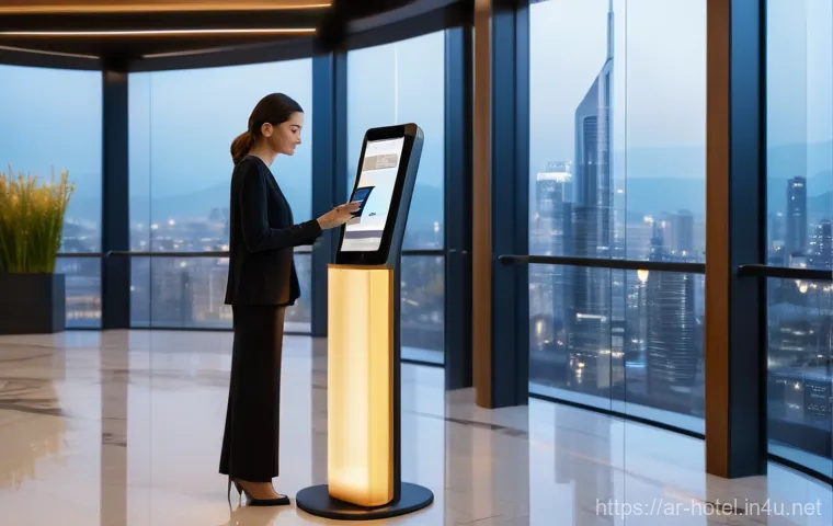 호텔 실무와 관련된 주요 기술 트렌드 - A contemporary hotel lobby with a welcoming, high-tech self-check-in kiosk. A stylish female guest, ...