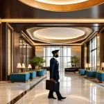 호텔업계 이직 시 유의할 점 - **Prompt:** A state-of-the-art, luxurious hotel lobby in a prominent Arab city like Dubai or Riyadh,...