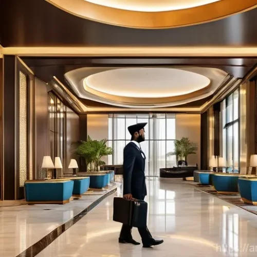Home 25 호텔업계 이직 시 유의할 점 - **Prompt:** A state-of-the-art, luxurious hotel lobby in a prominent Arab city like Dubai or Riyadh,...
