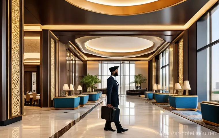 호텔업계 이직 시 유의할 점 - **Prompt:** A state-of-the-art, luxurious hotel lobby in a prominent Arab city like Dubai or Riyadh,...