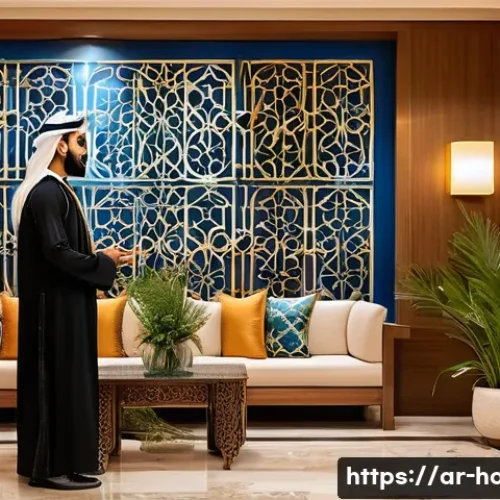 호텔 관리자로 성장하기 위한 학습 경로 - A warm, inviting hotel lobby scene set in a modern Middle Eastern hotel, featuring a friendly Arab h...