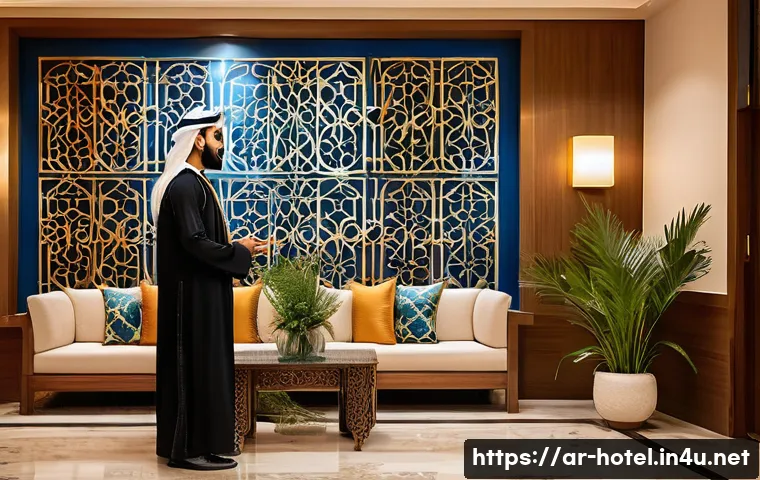 호텔 관리자로 성장하기 위한 학습 경로 - A warm, inviting hotel lobby scene set in a modern Middle Eastern hotel, featuring a friendly Arab h...