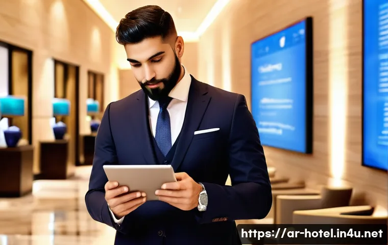 호텔관리사 이직 전략 - A professional hotel manager in a modern luxury hotel lobby located in a Middle Eastern city, dresse...