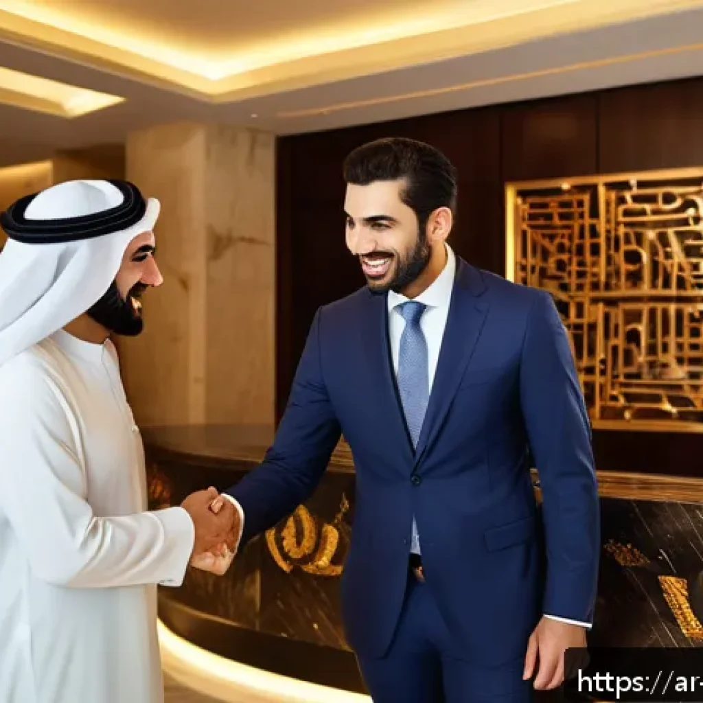 호텔 취업 면접 질문과 답변 - A professional Arab hotel receptionist in a modern luxury hotel lobby, wearing a neat business suit ...