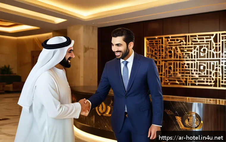 호텔 취업 면접 질문과 답변 - A professional Arab hotel receptionist in a modern luxury hotel lobby, wearing a neat business suit ...