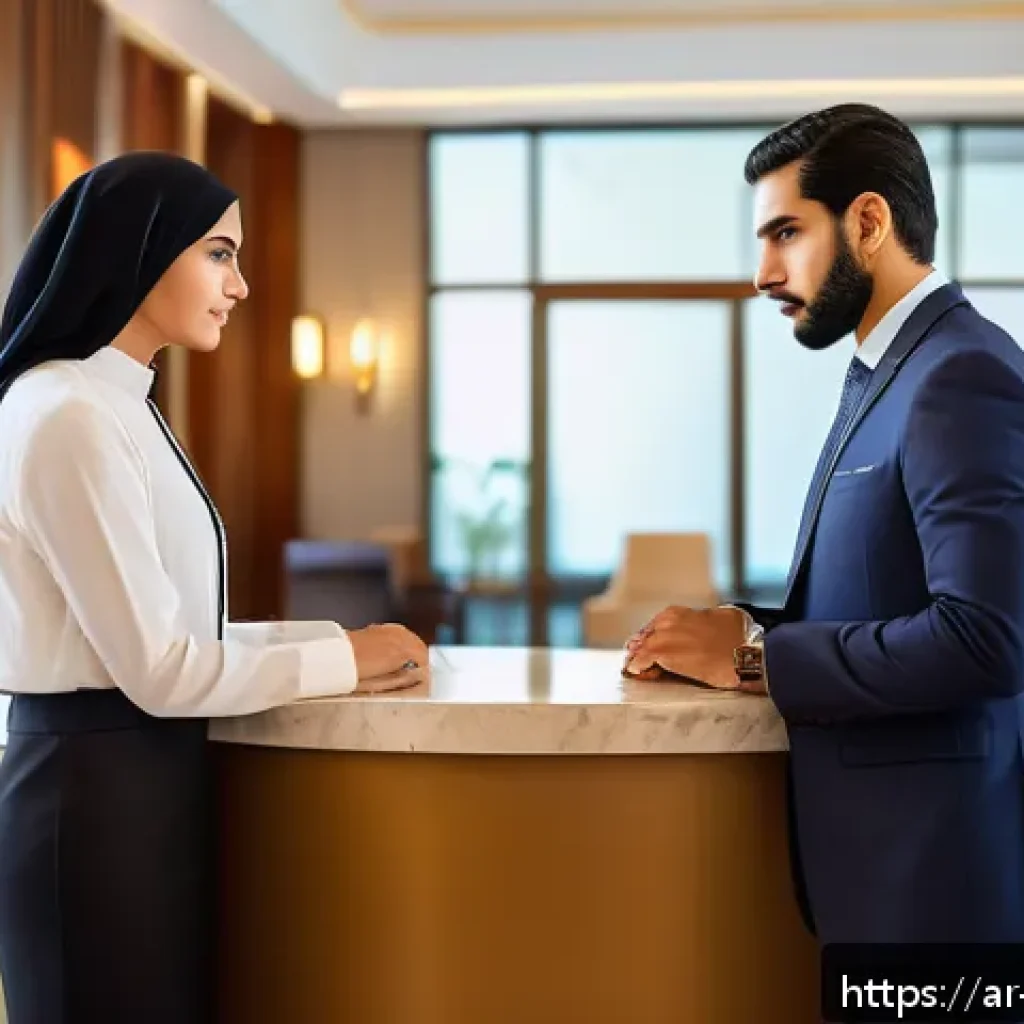 호텔 현장 실습 경험 공유 - A professional Middle Eastern hotel receptionist in a modern, elegant hotel lobby, wearing a smart s...