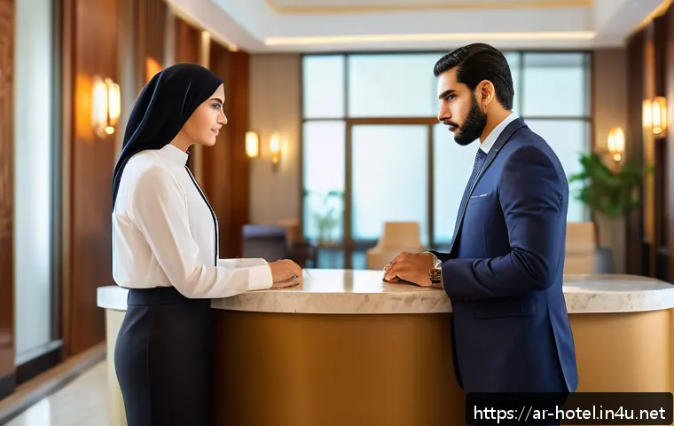 호텔 현장 실습 경험 공유 - A professional Middle Eastern hotel receptionist in a modern, elegant hotel lobby, wearing a smart s...
