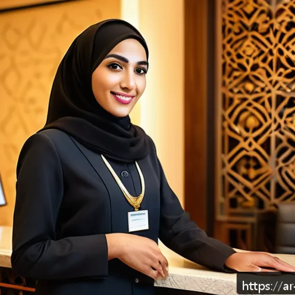 호텔 필기 시험 기출문제 분석 - A professional hotel receptionist in a modern Arabic-style hotel lobby, wearing a neat uniform with ...