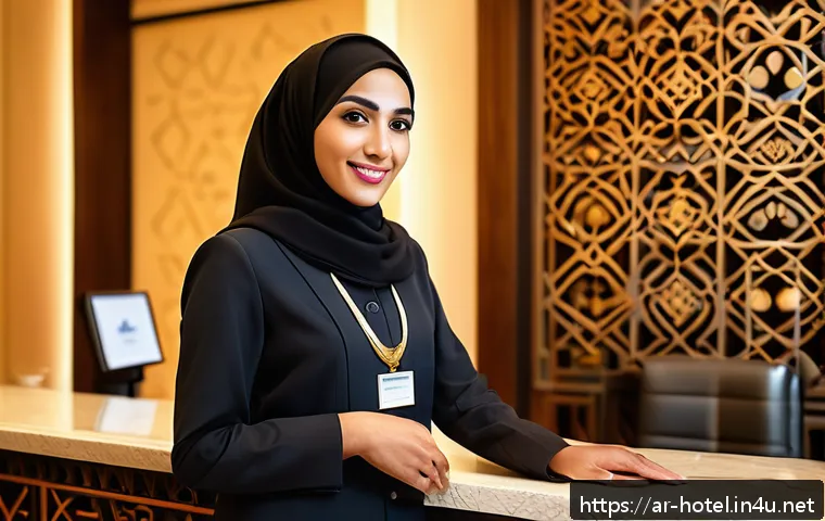 호텔 필기 시험 기출문제 분석 - A professional hotel receptionist in a modern Arabic-style hotel lobby, wearing a neat uniform with ...