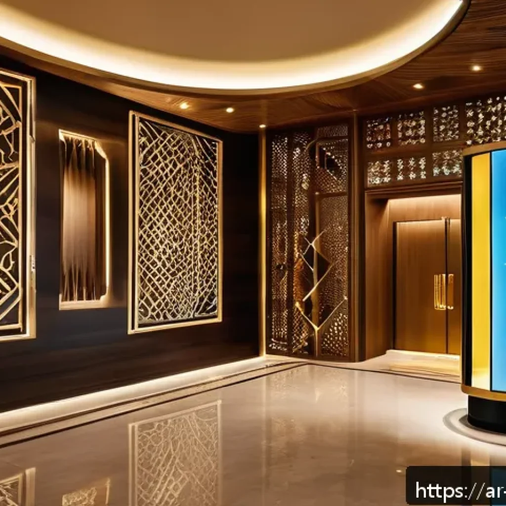 호텔 업계 주요 동향 및 전망 - A luxurious modern hotel lobby in Dubai featuring sleek automated systems and AI-powered digital con...