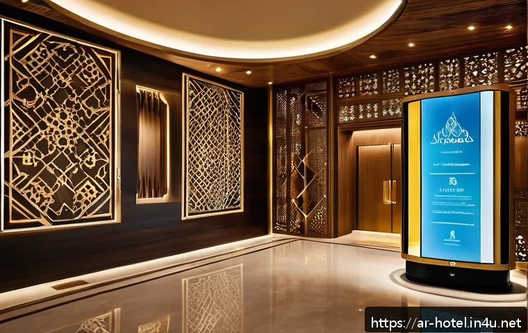 호텔 업계 주요 동향 및 전망 - A luxurious modern hotel lobby in Dubai featuring sleek automated systems and AI-powered digital con...