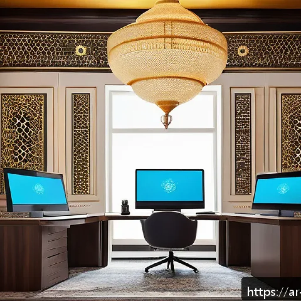 호텔 인사 관리를 위한 소프트웨어 - A modern hotel HR office scene featuring diverse Middle Eastern professionals using advanced AI recr...