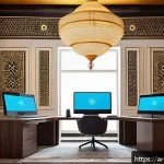 호텔 인사 관리를 위한 소프트웨어 - A modern hotel HR office scene featuring diverse Middle Eastern professionals using advanced AI recr...