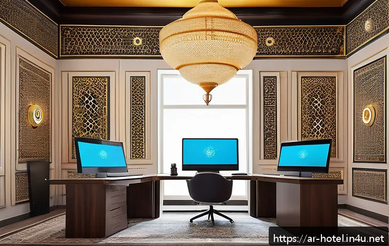 호텔 인사 관리를 위한 소프트웨어 - A modern hotel HR office scene featuring diverse Middle Eastern professionals using advanced AI recr...