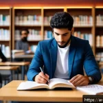 호텔 필기 시험에서 고득점 가능한 과목 - A focused Arabic male student in his early 20s studying hospitality management at a modern library, ...