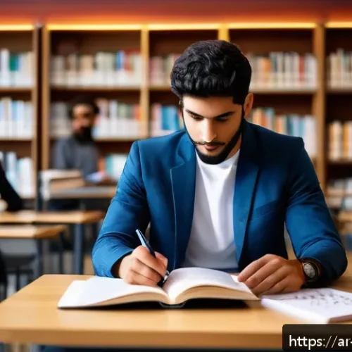 호텔 필기 시험에서 고득점 가능한 과목 - A focused Arabic male student in his early 20s studying hospitality management at a modern library, ...