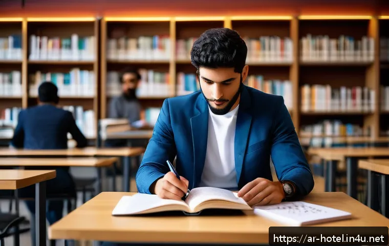 호텔 필기 시험에서 고득점 가능한 과목 - A focused Arabic male student in his early 20s studying hospitality management at a modern library, ...