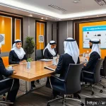 호텔 실무 관련 법률 지식 - A professional hotel staff training session in a modern conference room with Arabic signage, featuri...