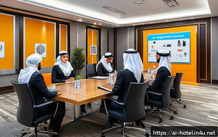 호텔 실무 관련 법률 지식 - A professional hotel staff training session in a modern conference room with Arabic signage, featuri...