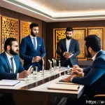 호텔관리사 자격증으로 창업 도전 - A professional hotel manager leading a diverse team meeting in a modern hotel conference room, with ...