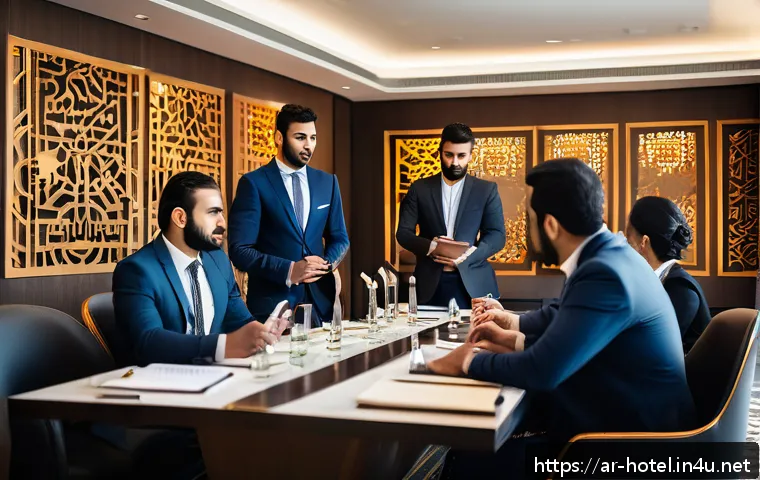 호텔관리사 자격증으로 창업 도전 - A professional hotel manager leading a diverse team meeting in a modern hotel conference room, with ...