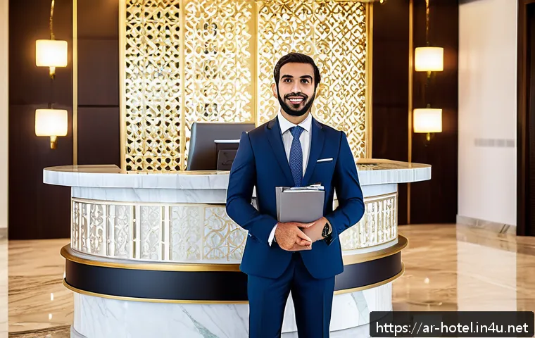호텔관리사 시험 면제 조건 - A professional Arab man in his early 30s wearing a smart business suit and holding official document...