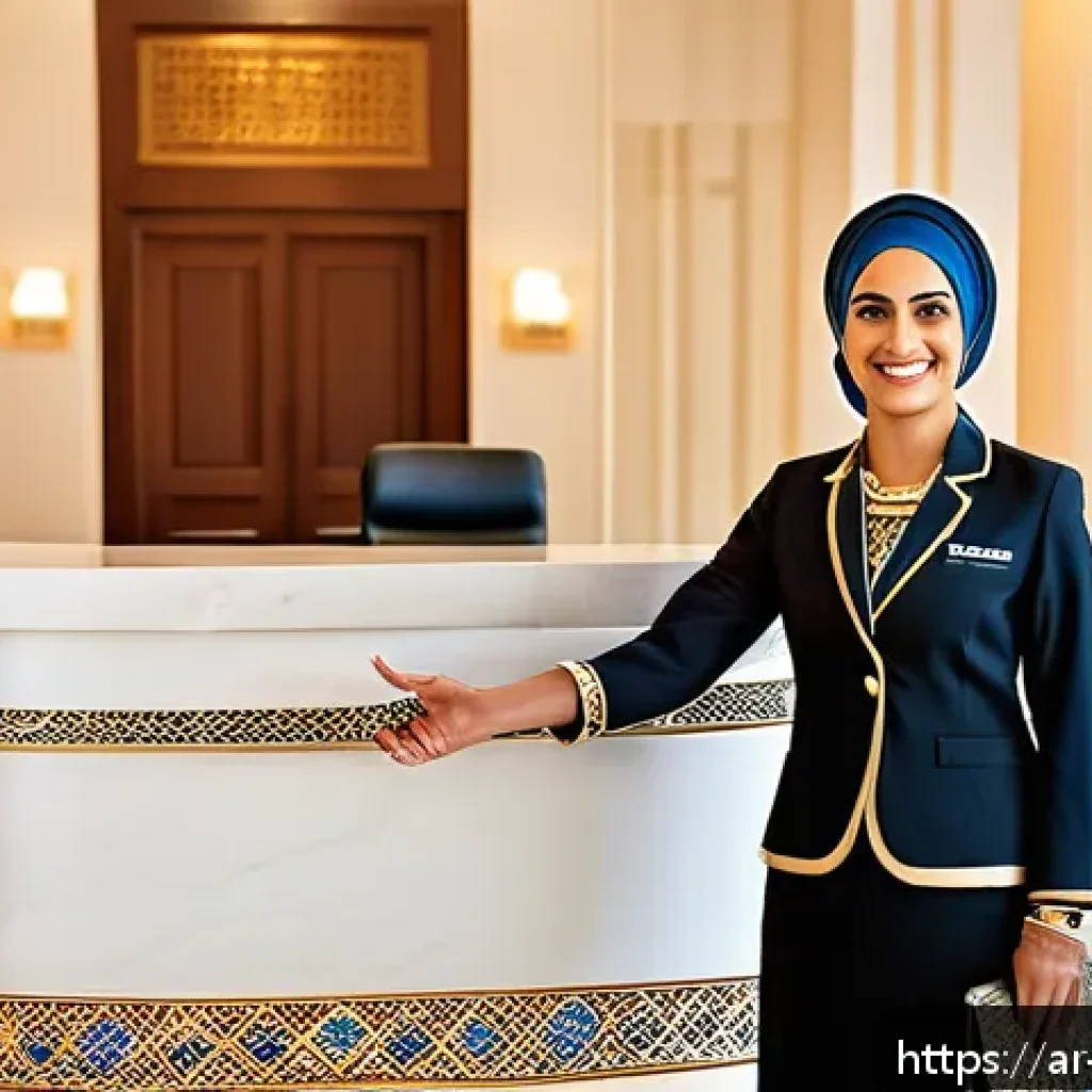호텔 실무에서 유용한 기술 훈련 - A professional hotel receptionist of Middle Eastern descent wearing a neat, modest uniform with a na...