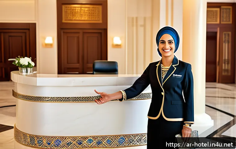 호텔 실무에서 유용한 기술 훈련 - A professional hotel receptionist of Middle Eastern descent wearing a neat, modest uniform with a na...