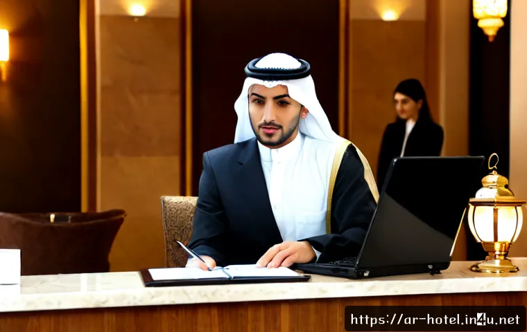 호텔 인사 관리에서의 평가 방법 - Photorealistic upscale Middle Eastern hotel lobby, an Arab female HR manager in modest professional ...