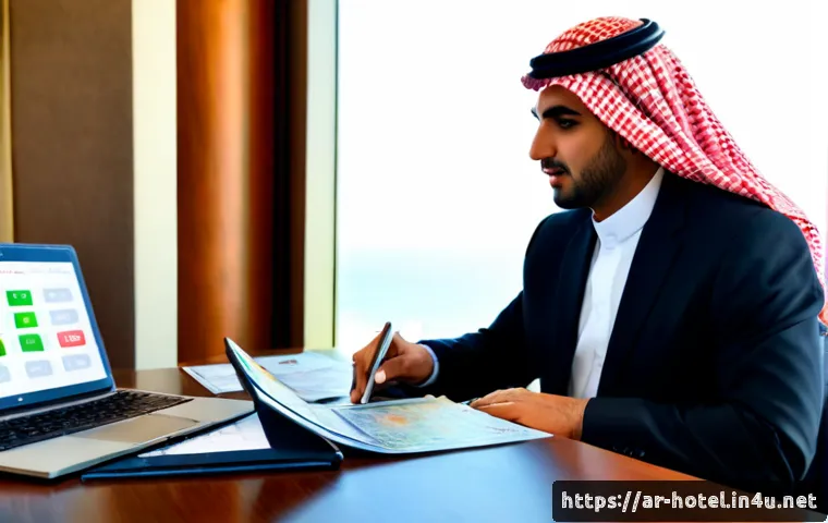 호텔 연봉 협상을 위한 시장 조사 - Photorealistic Arab hotel manager in modest professional business attire reviewing anonymous salary ...