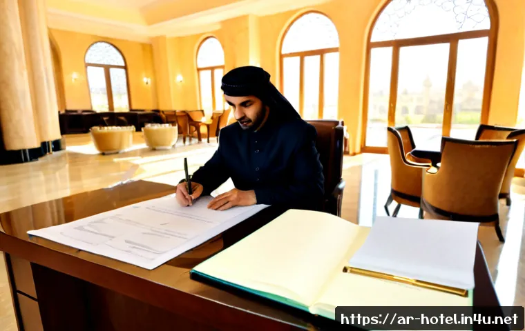 호텔관리사 직무 기술서 작성법 - Photorealistic Arab hotel manager in modest professional business attire seated at a polished desk i...