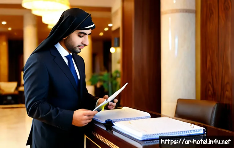 Home 17 호텔관리사 실무 일기 - Photorealistic hotel operations manager in a tailored modest business suit reviewing a handwritten d...